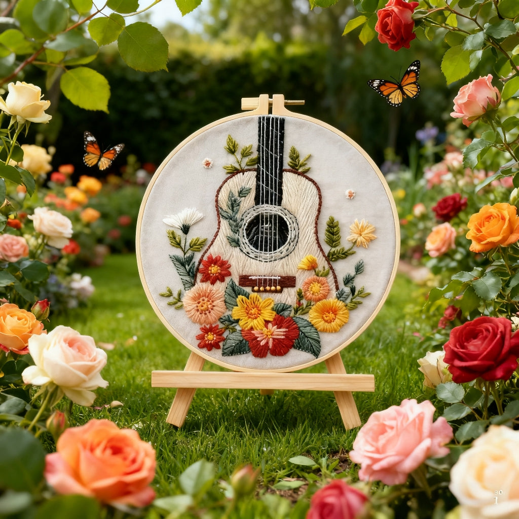 Golden Guitar – Borduurset met bloemen en akoestische gitaar