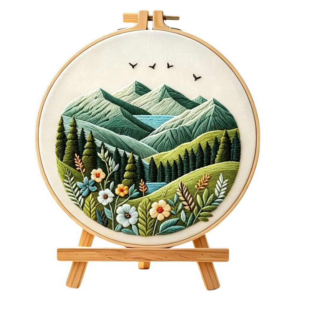 Emerald Valley – Borduurset met berglandschap en bloemen