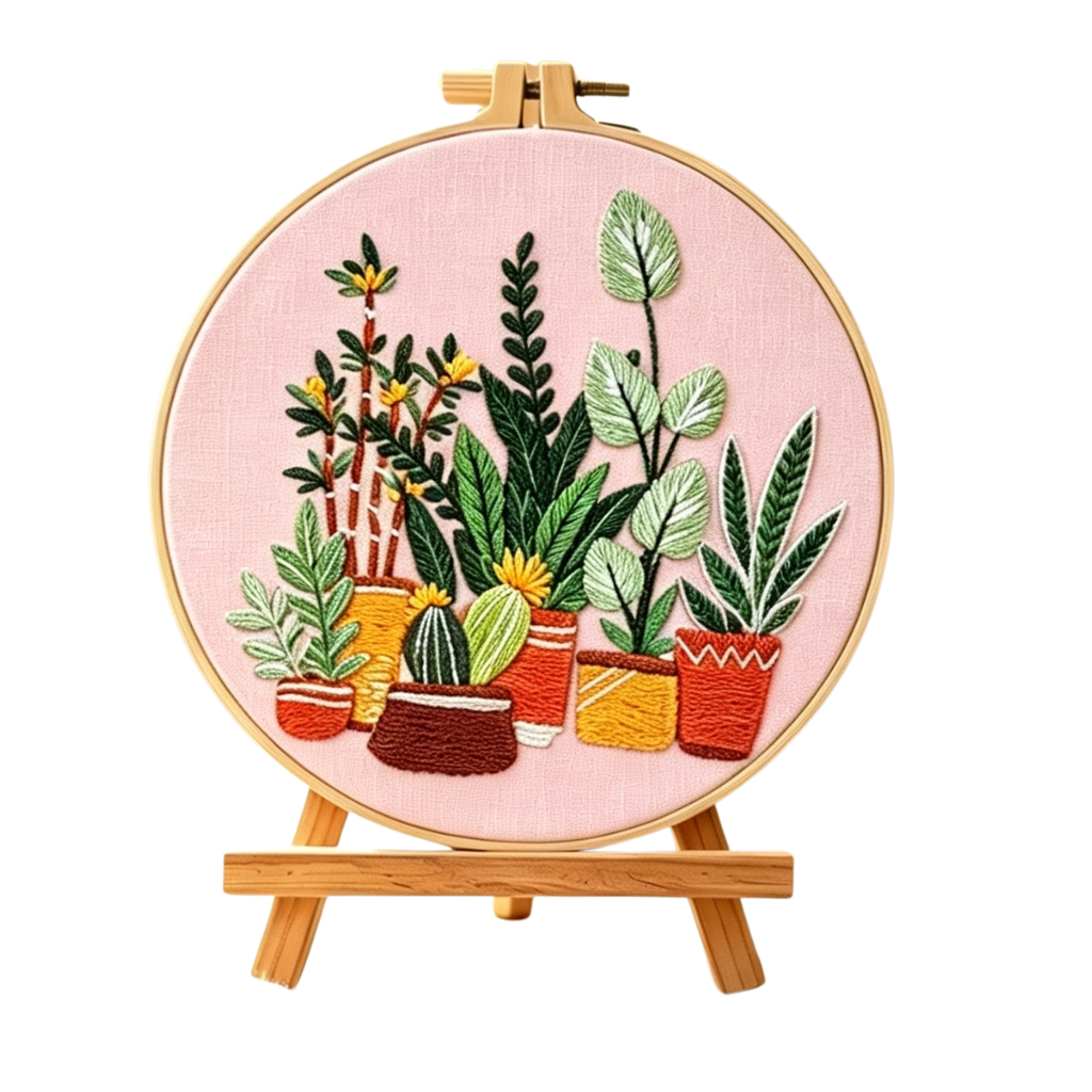 Urban Jungle – Borduurset met kamerplanten op roze achtergrond