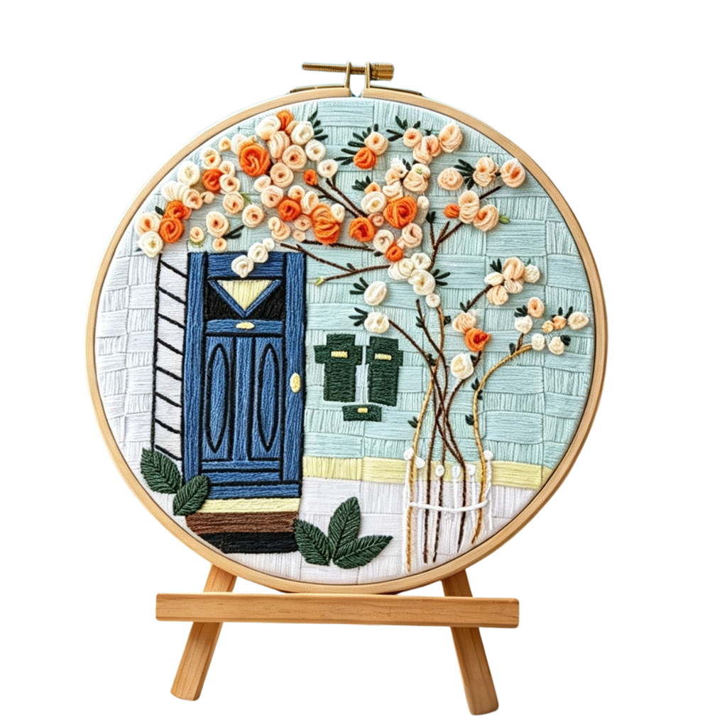 Blue Door Haven – Borduurset met blauwe voordeur en bloesembomen