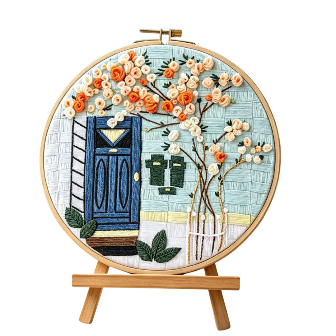 Blue Door Haven – Borduurset met blauwe voordeur en bloesembomen