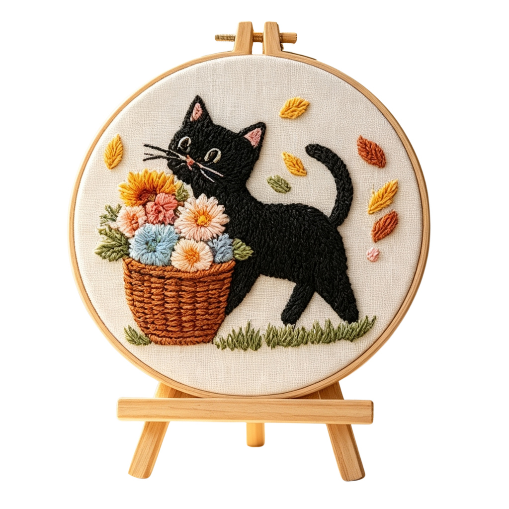 Midnight Mischief – Borduurset met zwarte kat en bloemenmand