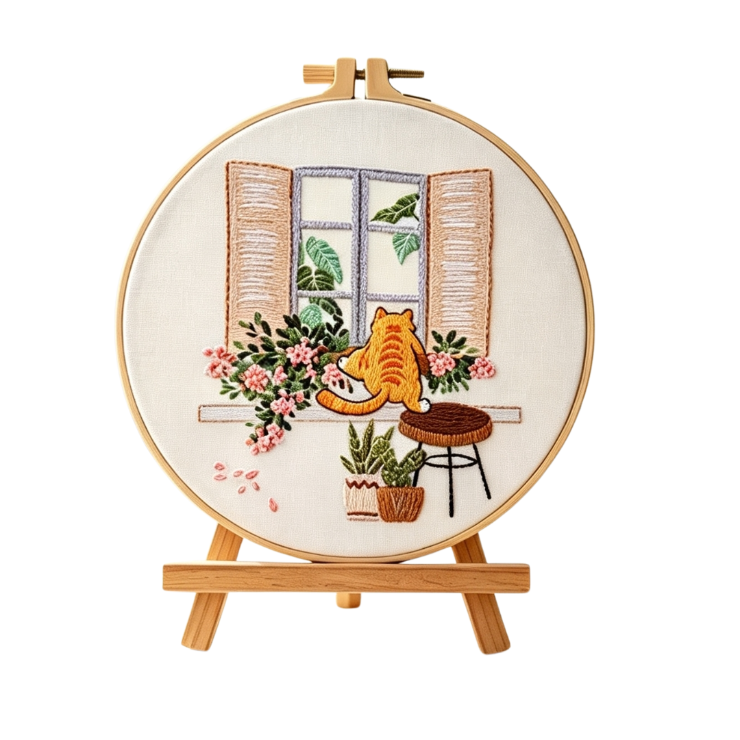 Mischief at the Window – Borduurset met kat bij open raam