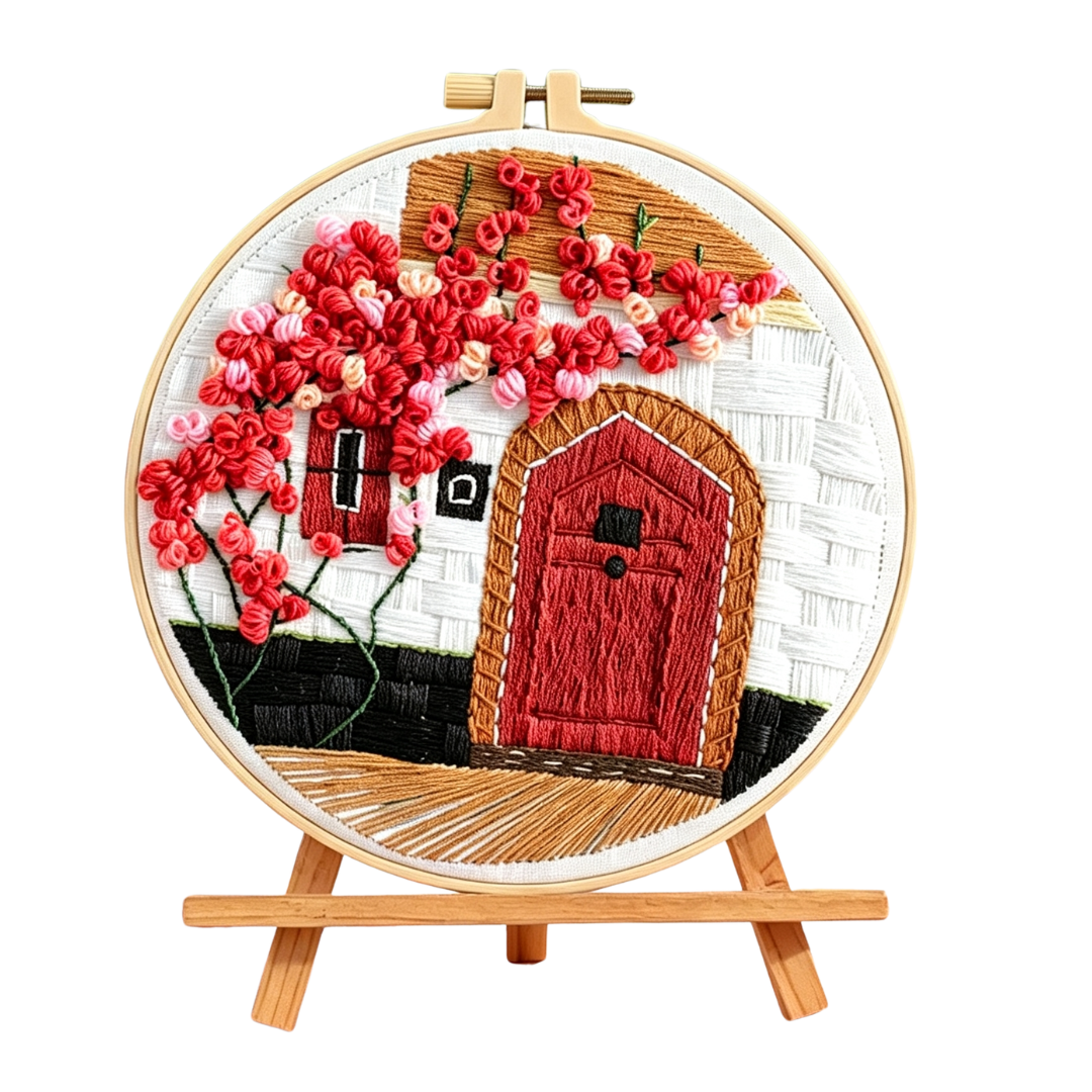 Scarlet Door – Borduurset met rode deur en bloesemboom