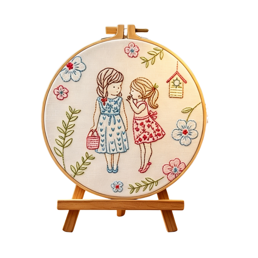 Nostalgic Friends – Borduurset met twee meisjes en bloemen