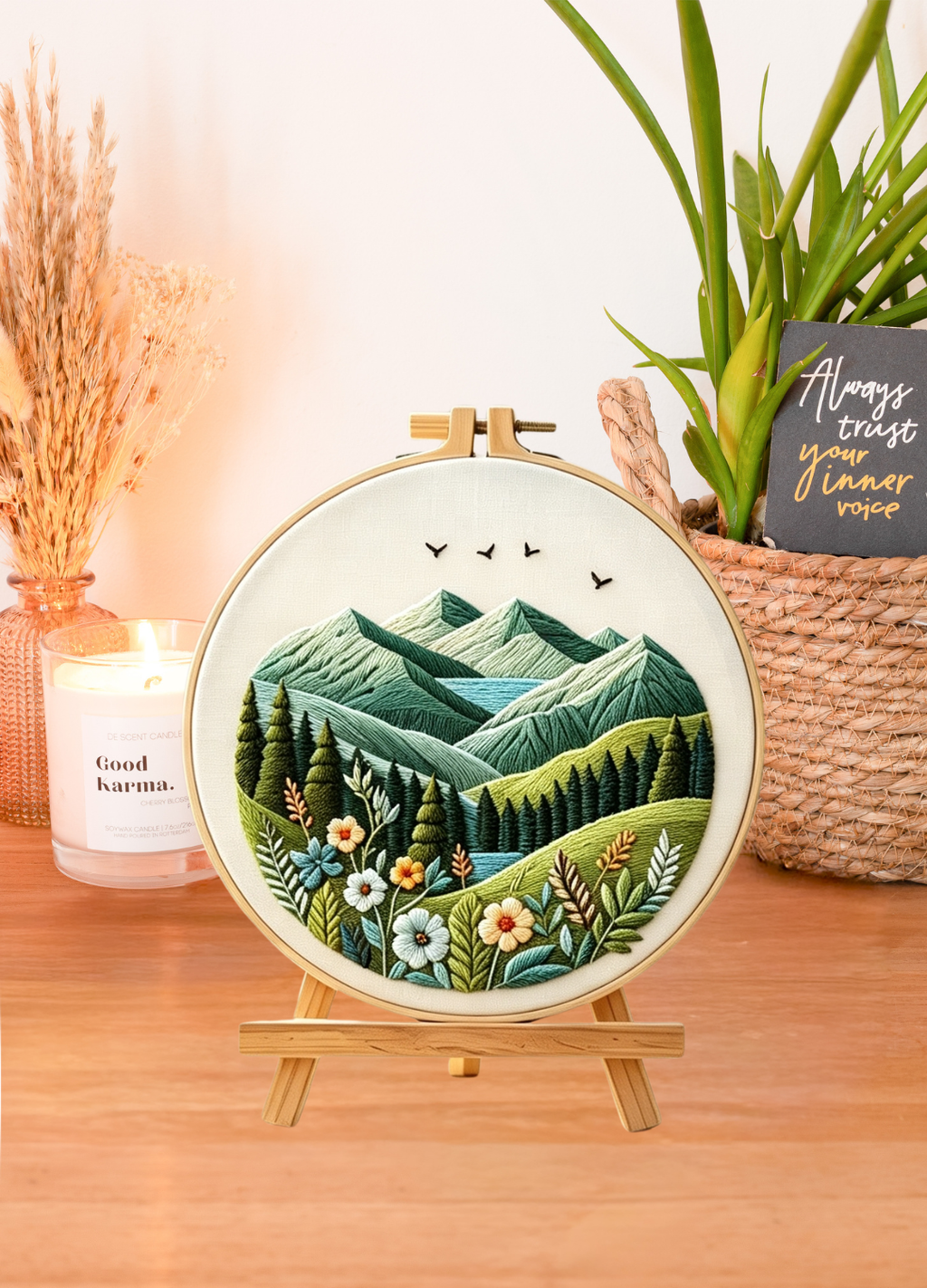 Emerald Valley – Borduurset met berglandschap en bloemen