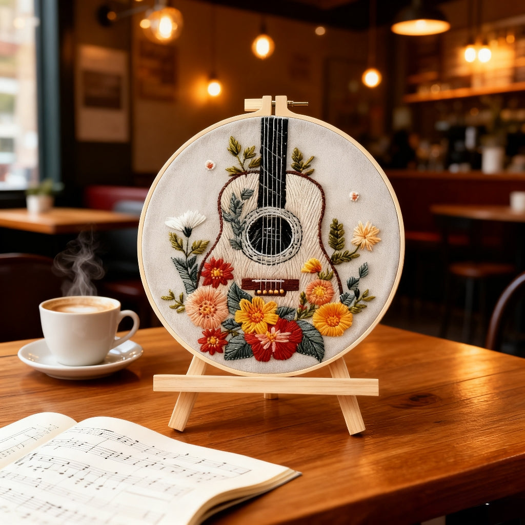 Golden Guitar – Borduurset met bloemen en akoestische gitaar