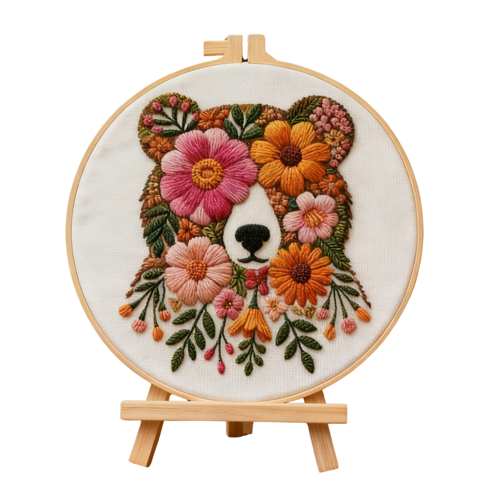Floral Bear – Borduurset met bloemenbeer en warme kleuren