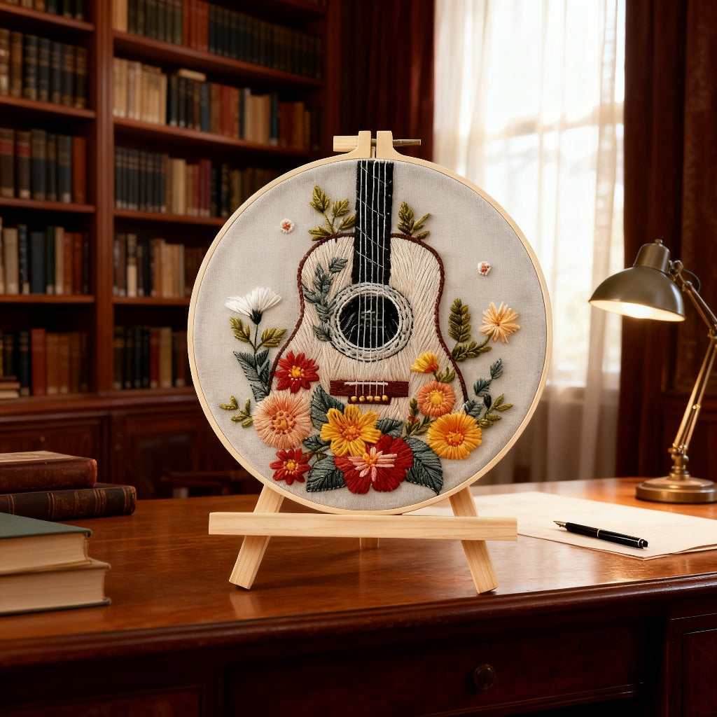 Golden Guitar – Borduurset met bloemen en akoestische gitaar