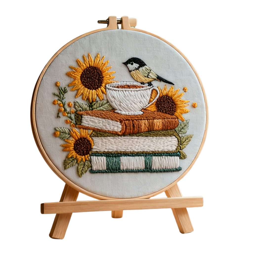 Sunlit Stories – Borduurset met boeken, zonnebloemen en een vogeltje