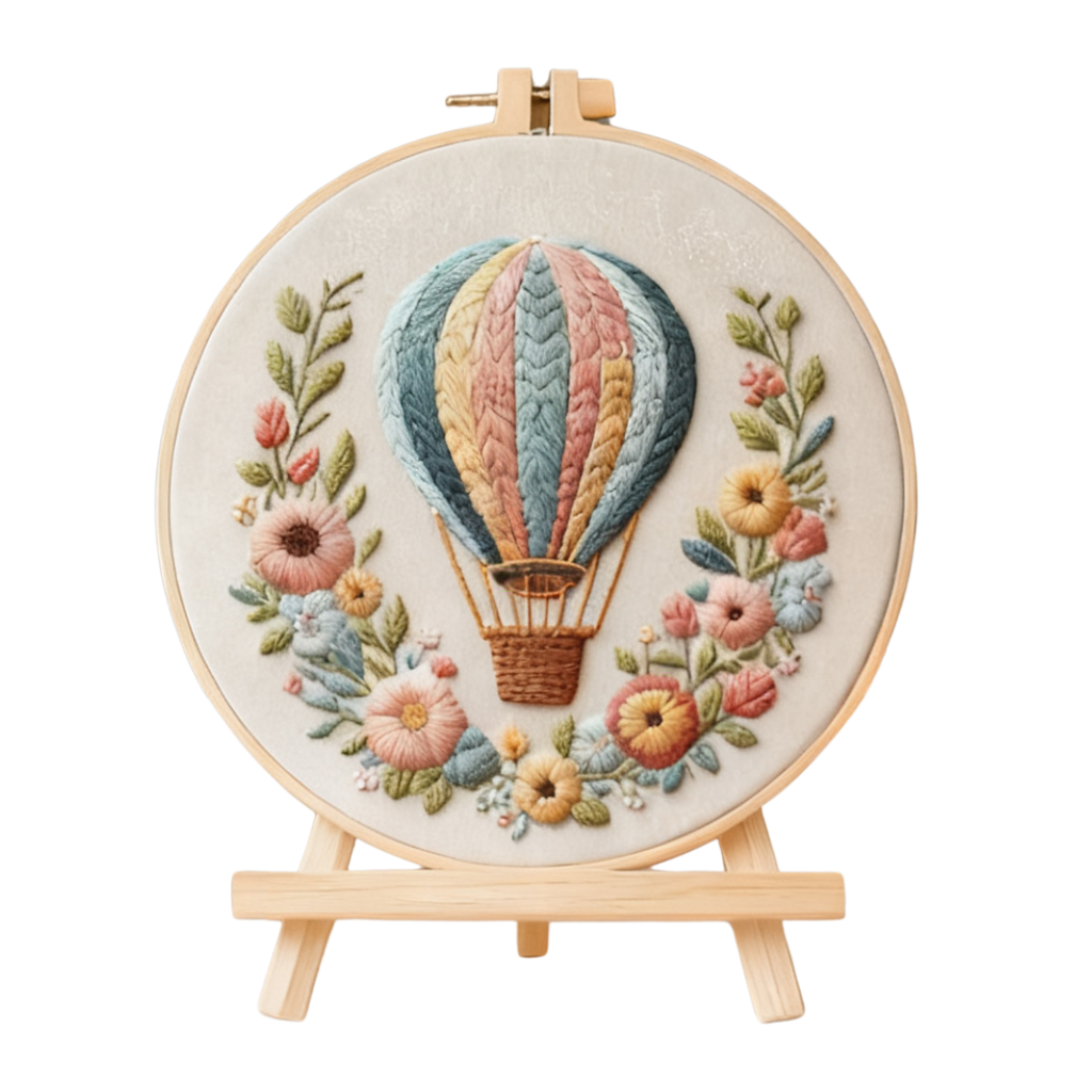 Sky Bloom – Kit de broderie avec montgolfière et couronne de fleurs