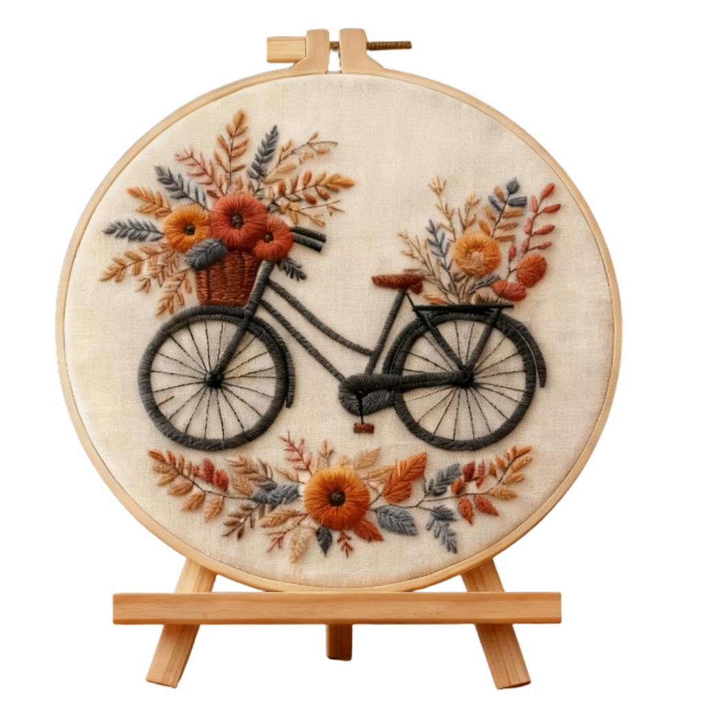 Balade d'automne – Kit de broderie avec vélo et fleurs d'automne