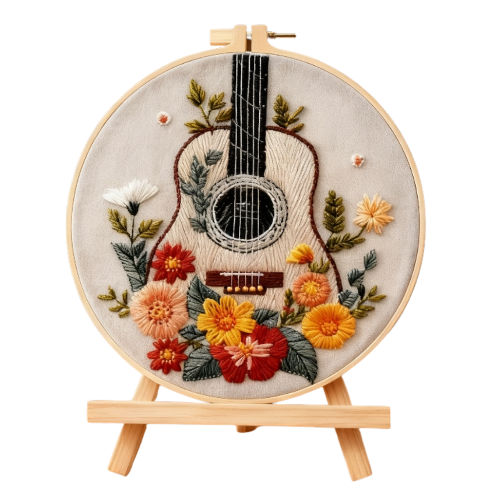 Golden Guitar – Borduurset met bloemen en akoestische gitaar