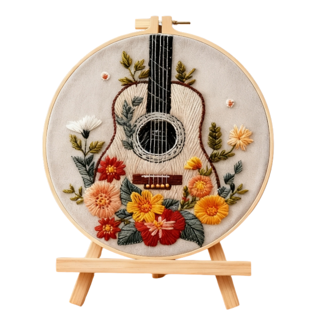 Golden Guitar – Borduurset met bloemen en akoestische gitaar