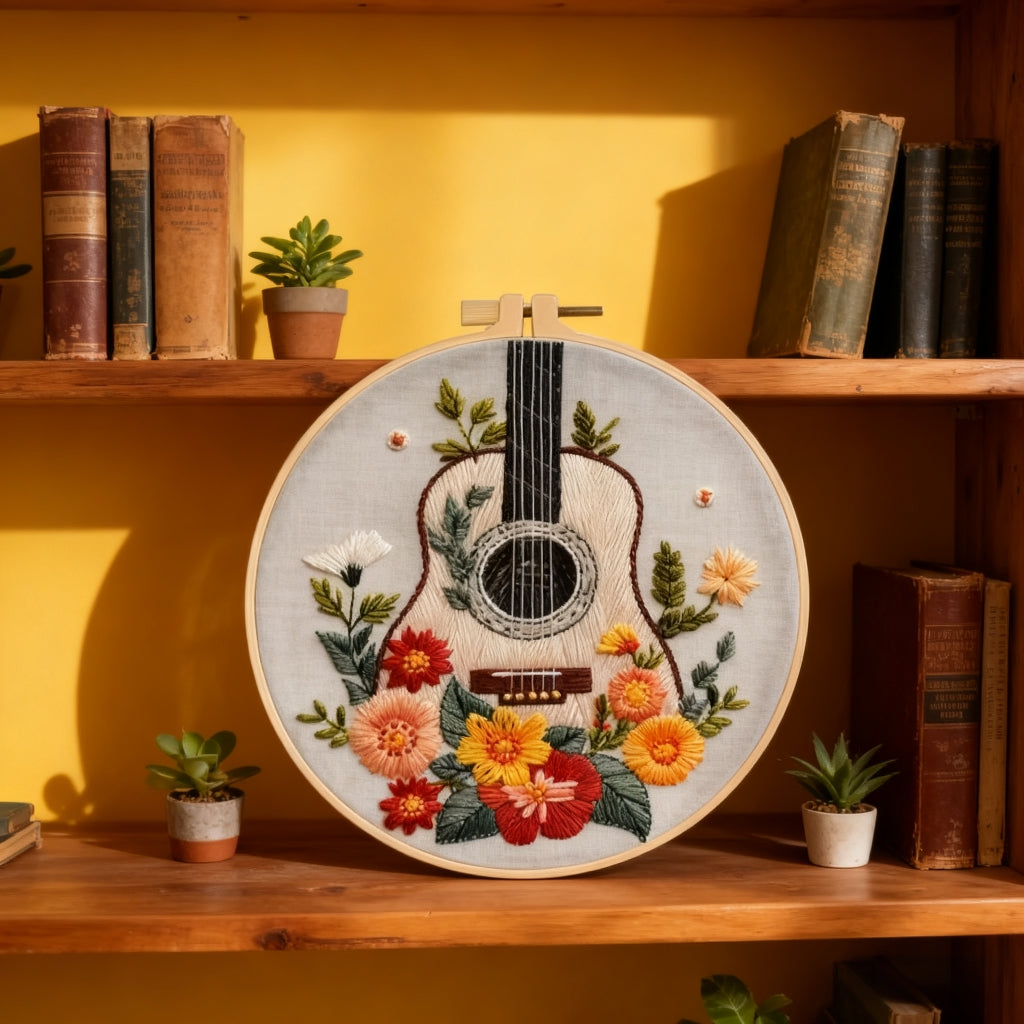 Golden Guitar – Borduurset met bloemen en akoestische gitaar