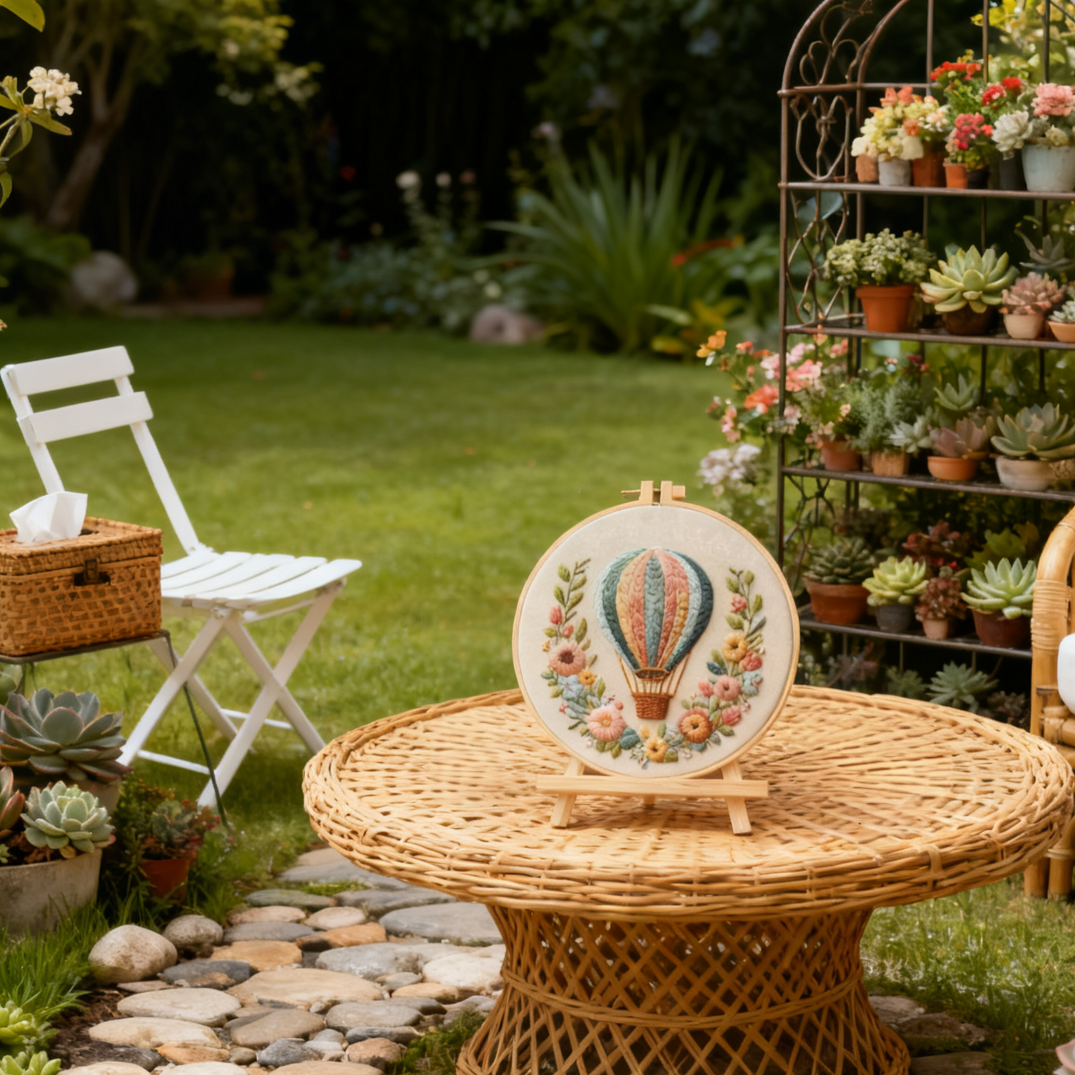 Sky Bloom – Borduurset met luchtballon en bloemenkrans