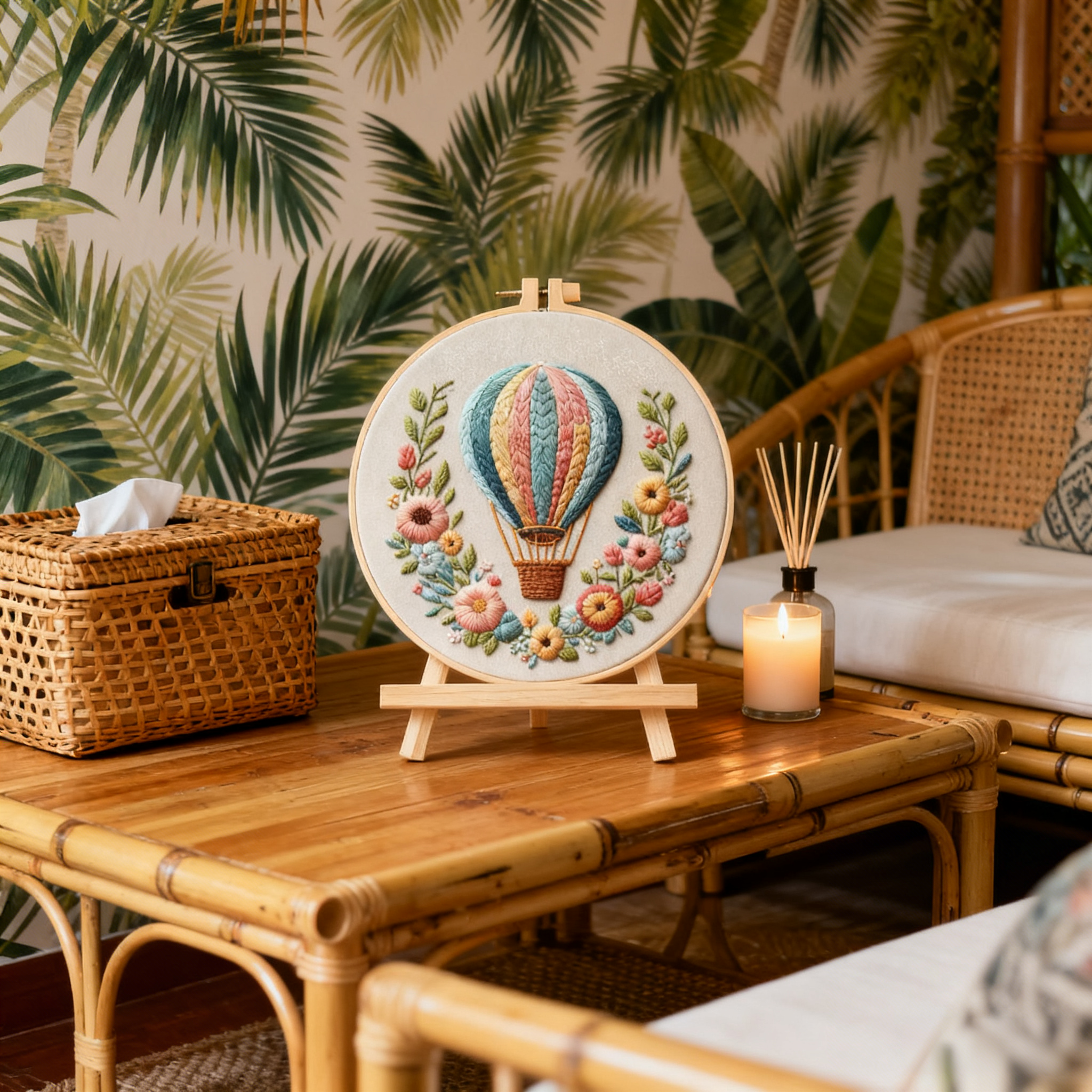 Sky Bloom – Borduurset met luchtballon en bloemenkrans