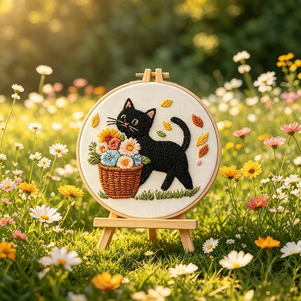 Midnight Mischief – Borduurset met zwarte kat en bloemenmand