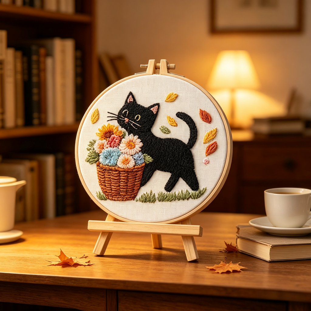 Midnight Mischief – Borduurset met zwarte kat en bloemenmand