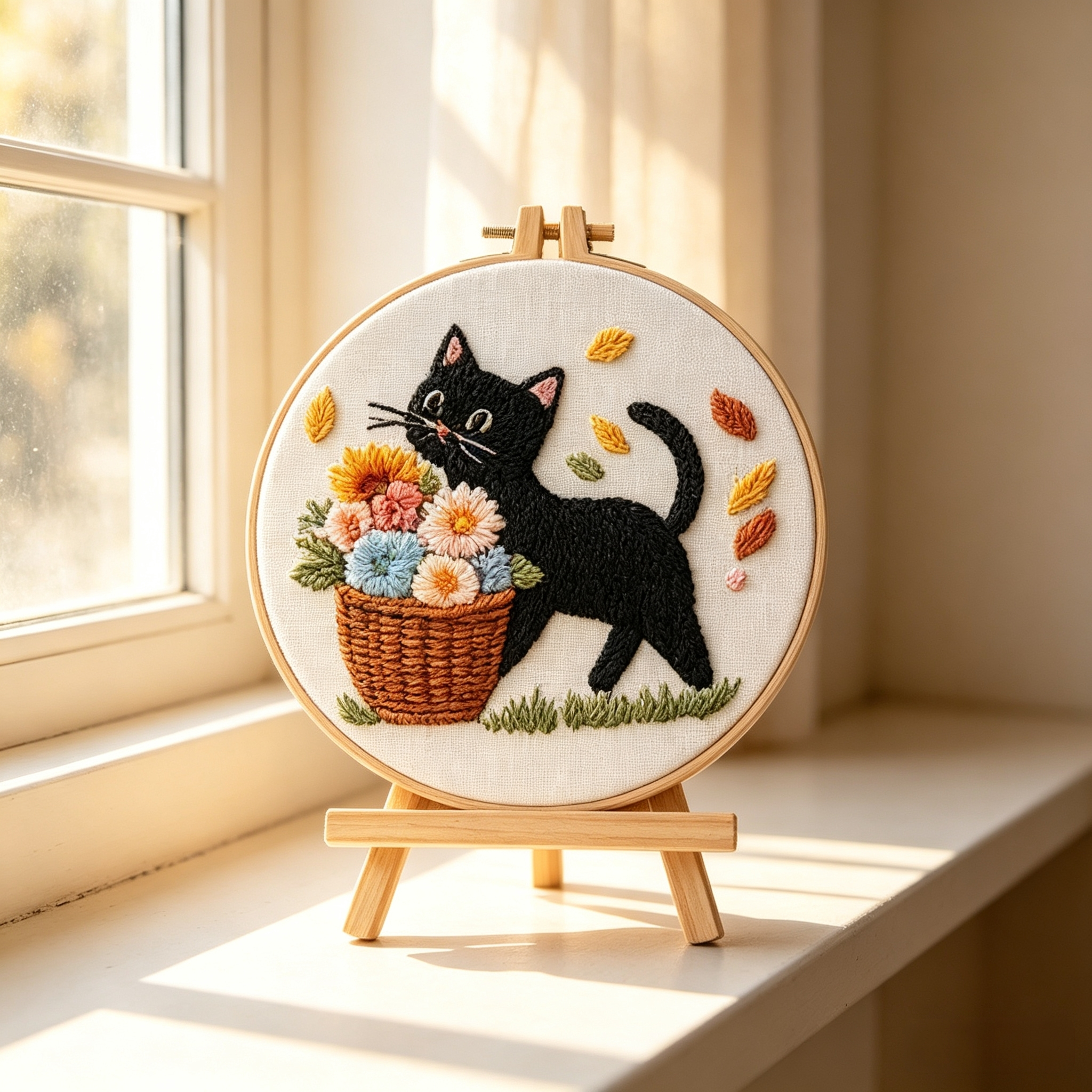 Midnight Mischief – Borduurset met zwarte kat en bloemenmand