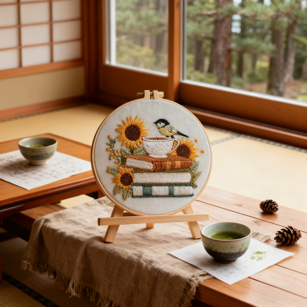 Sunlit Stories – Borduurset met boeken, zonnebloemen en een vogeltje