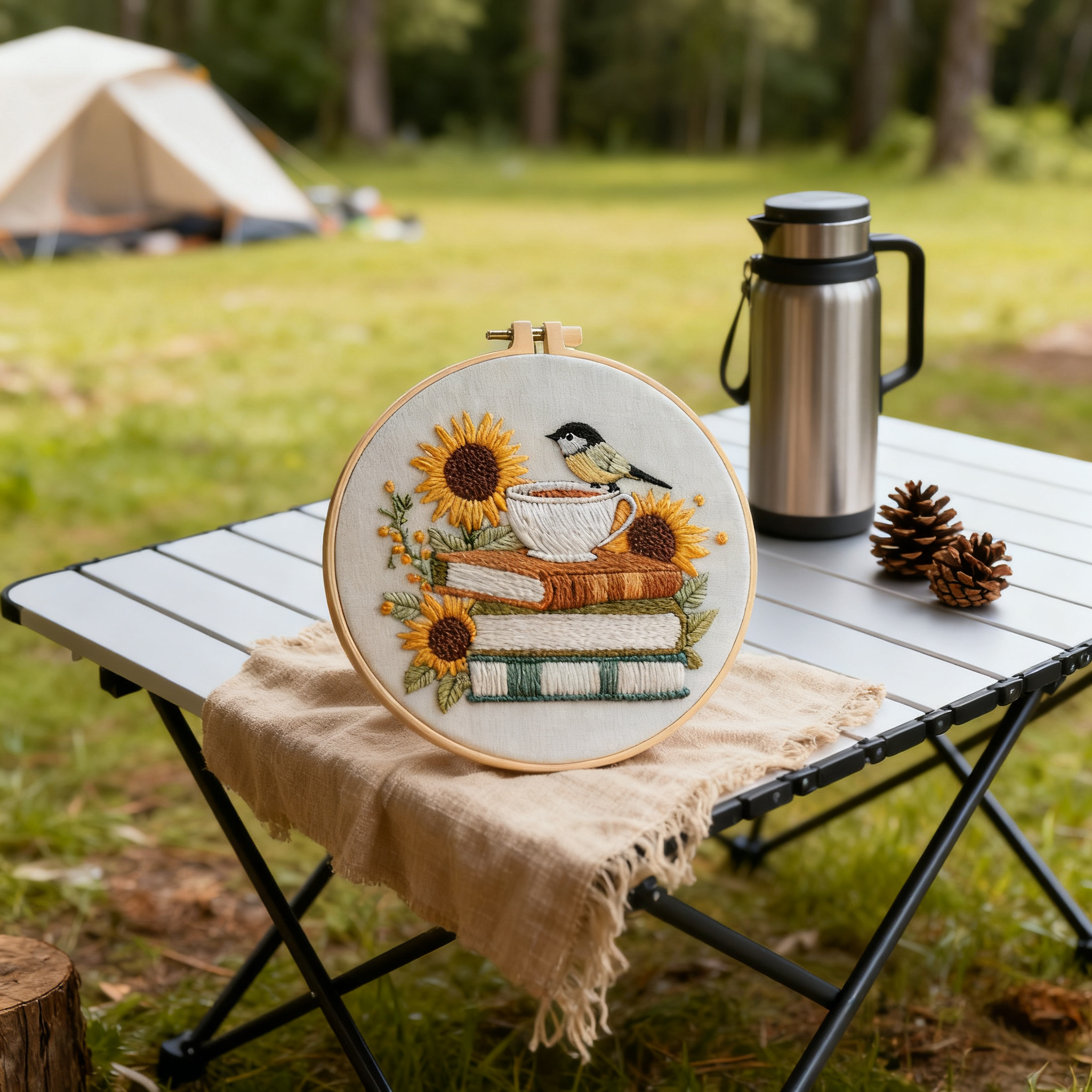 Sunlit Stories – Borduurset met boeken, zonnebloemen en een vogeltje