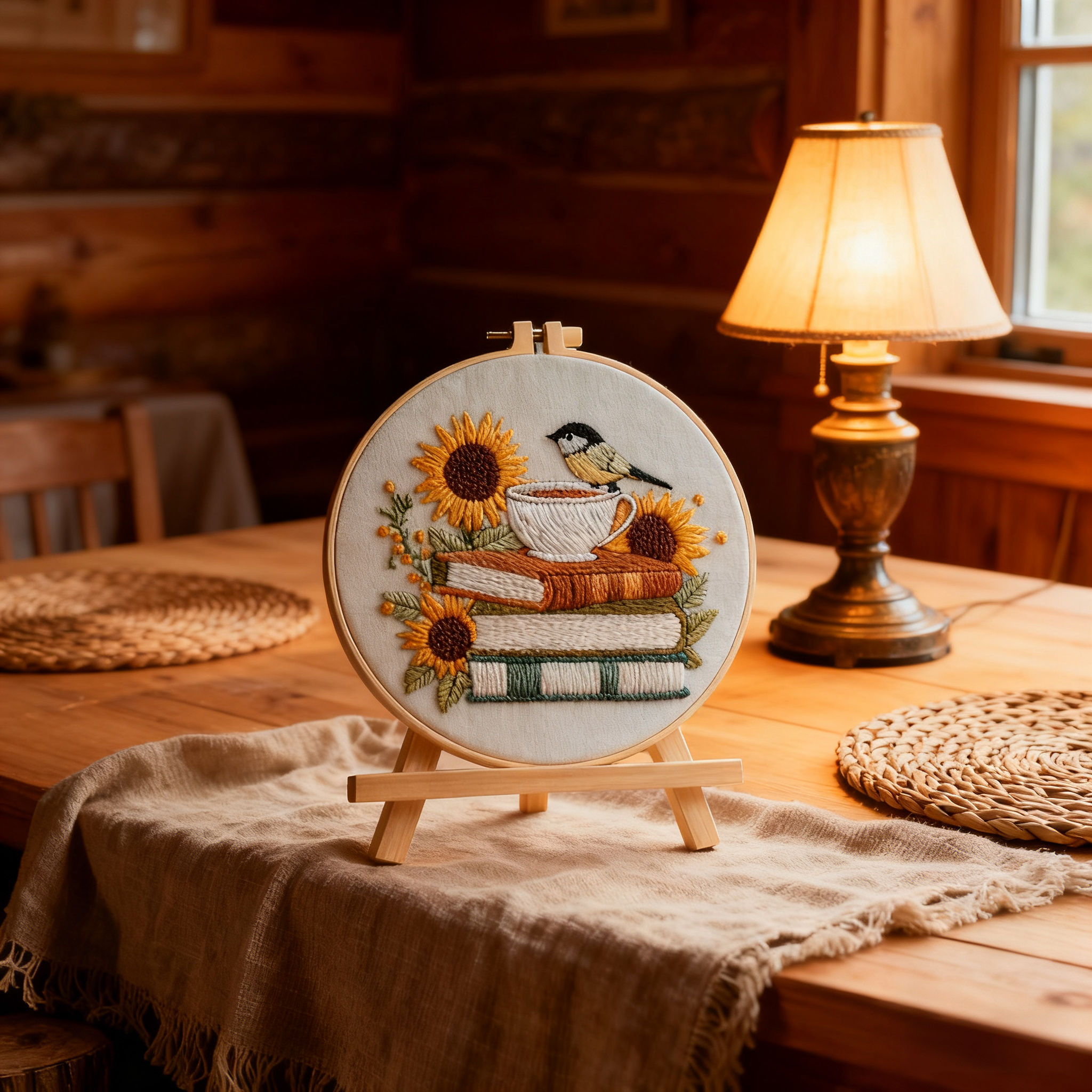Sunlit Stories – Borduurset met boeken, zonnebloemen en een vogeltje