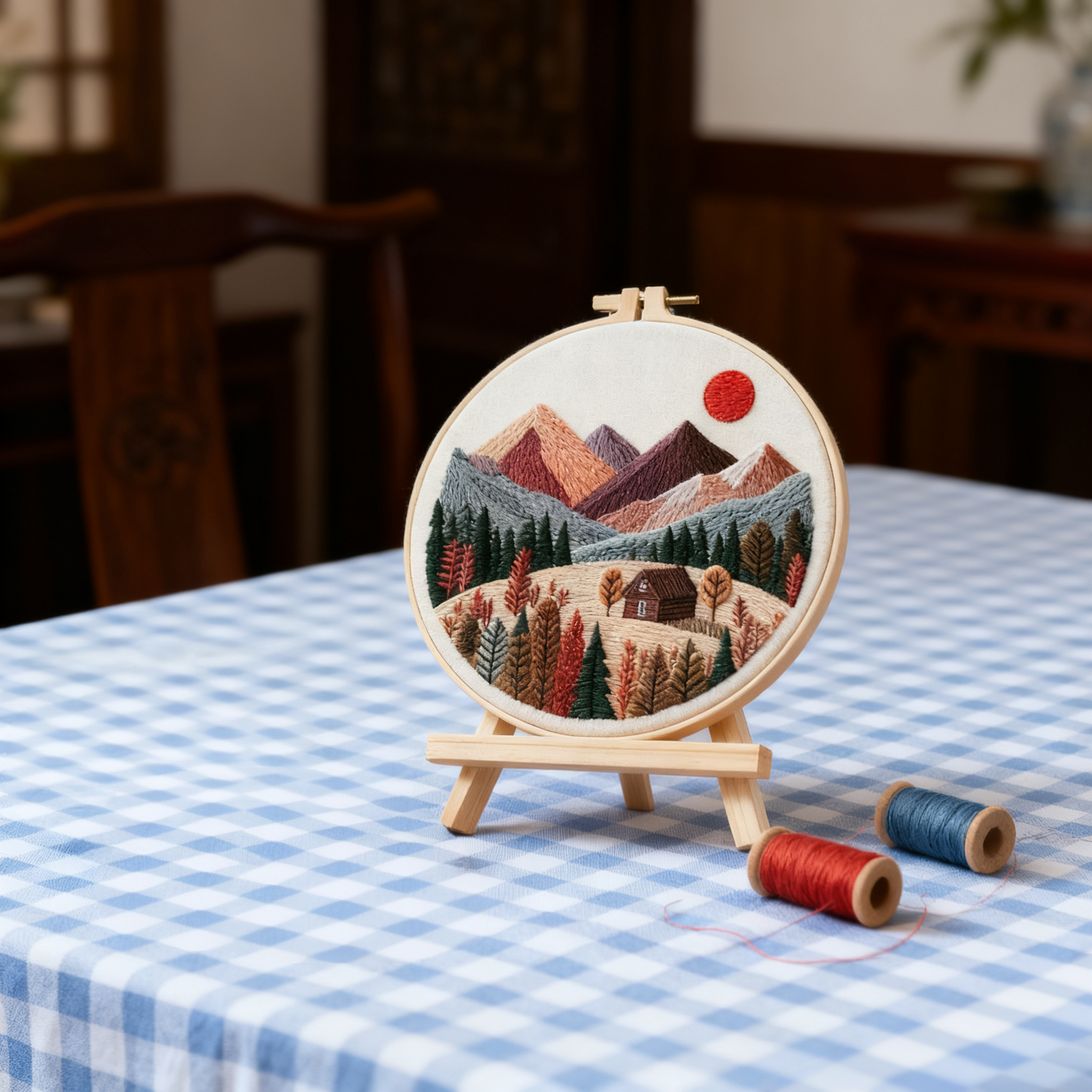 Mountain Retreat – Borduurset met herfstbergen en knus huisje