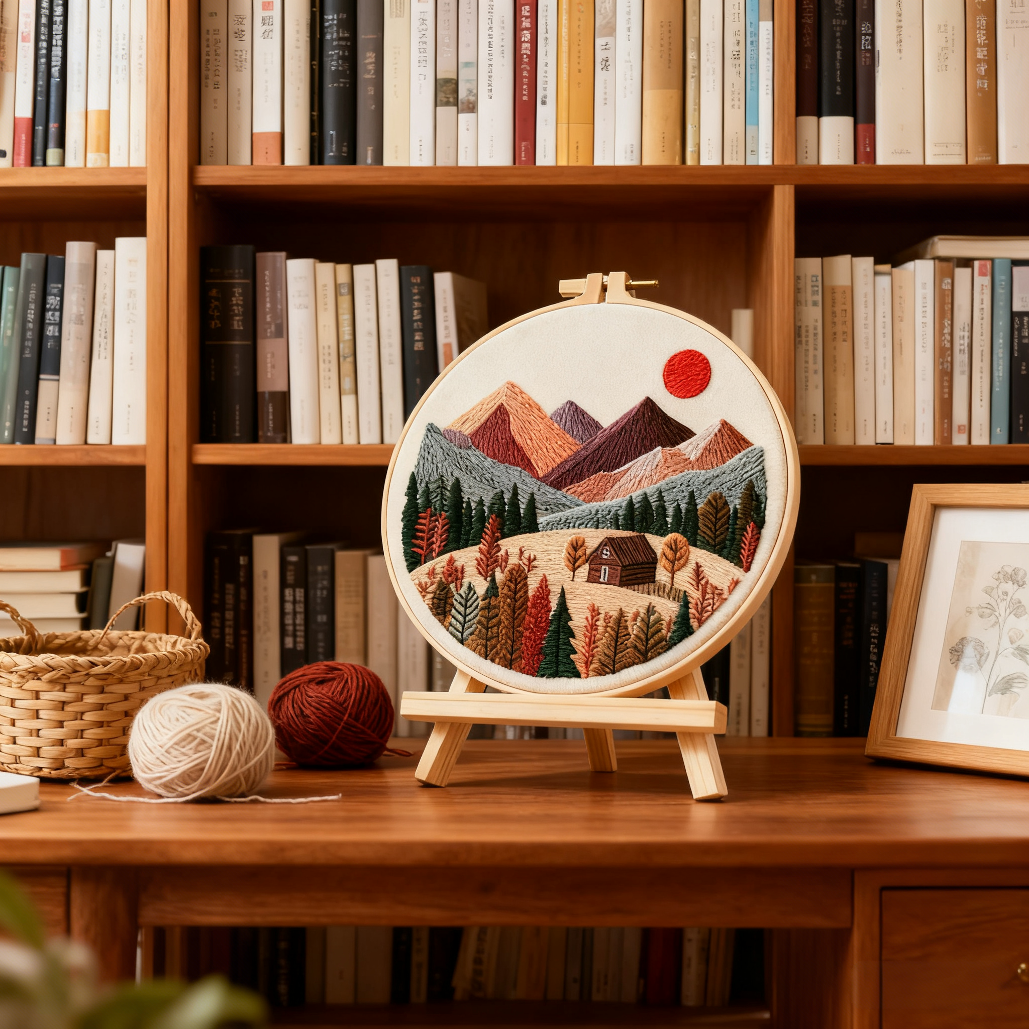 Mountain Retreat – Borduurset met herfstbergen en knus huisje