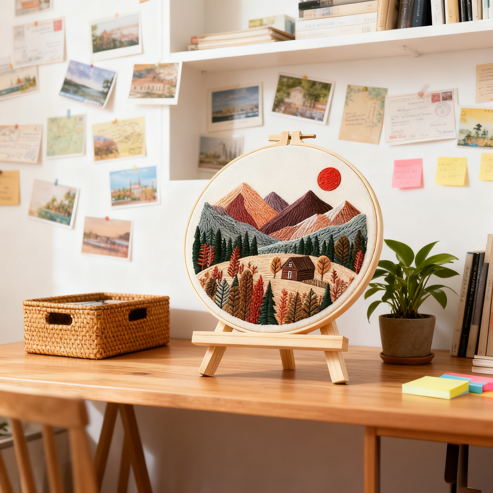 Mountain Retreat – Borduurset met herfstbergen en knus huisje