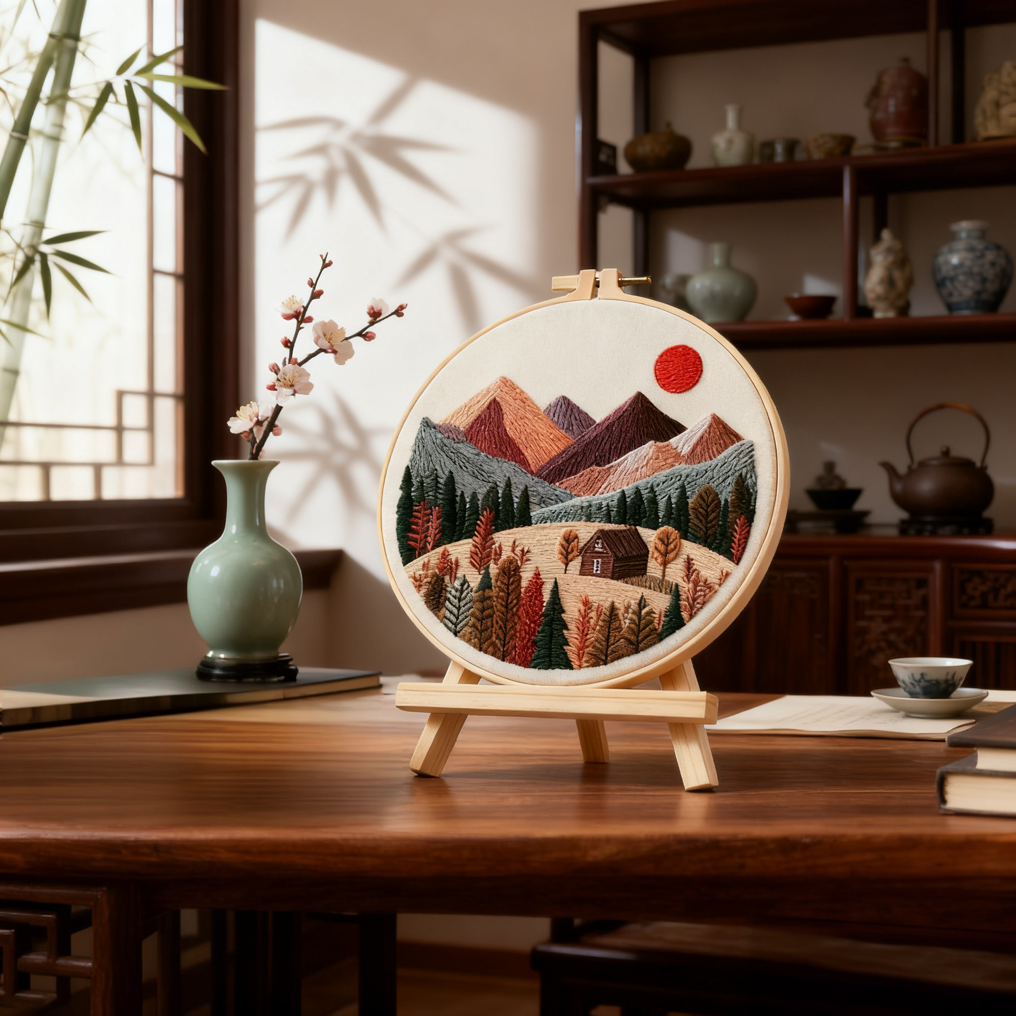 Mountain Retreat – Borduurset met herfstbergen en knus huisje