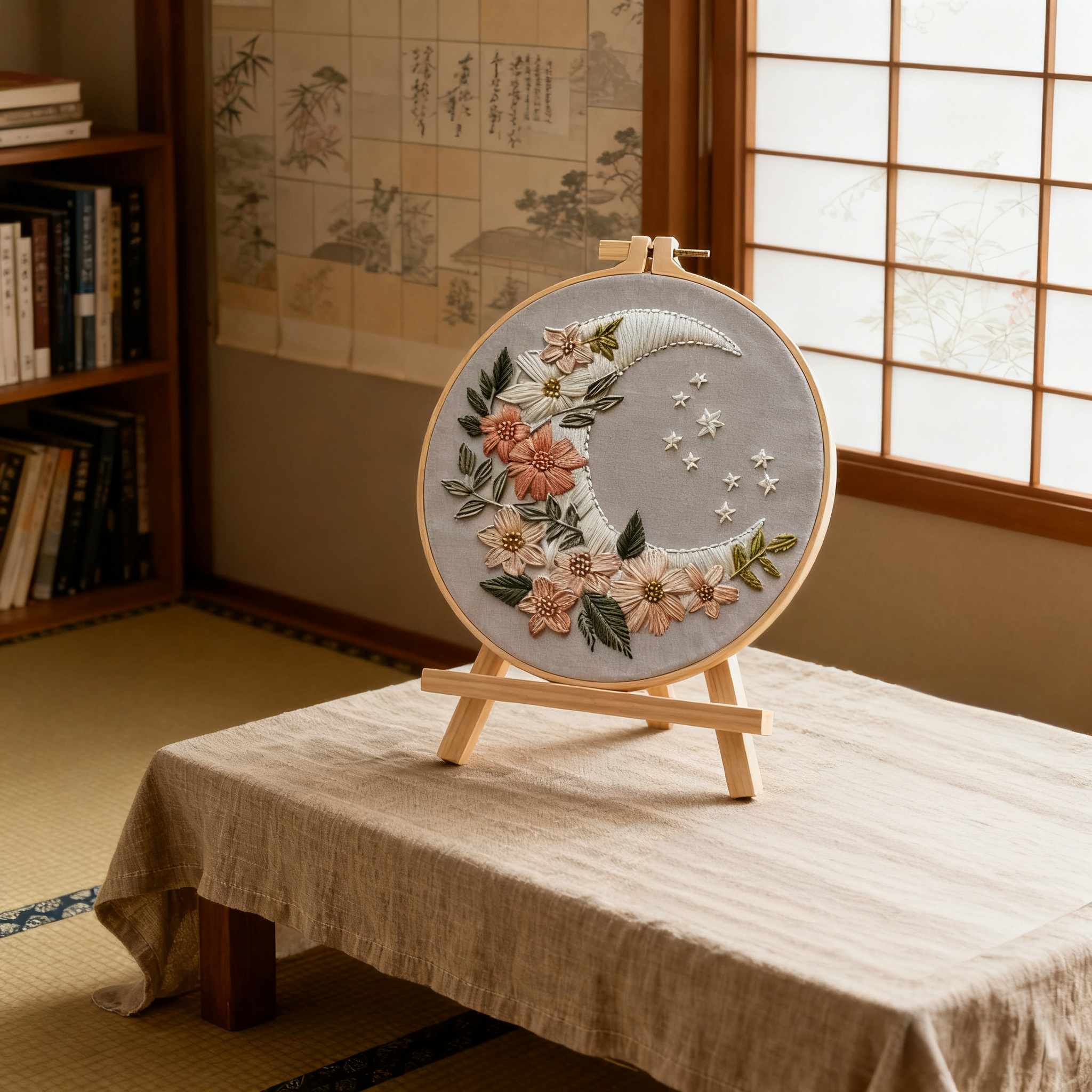 Moonlit Garden – Borduurset met maan, bloemen en sterren