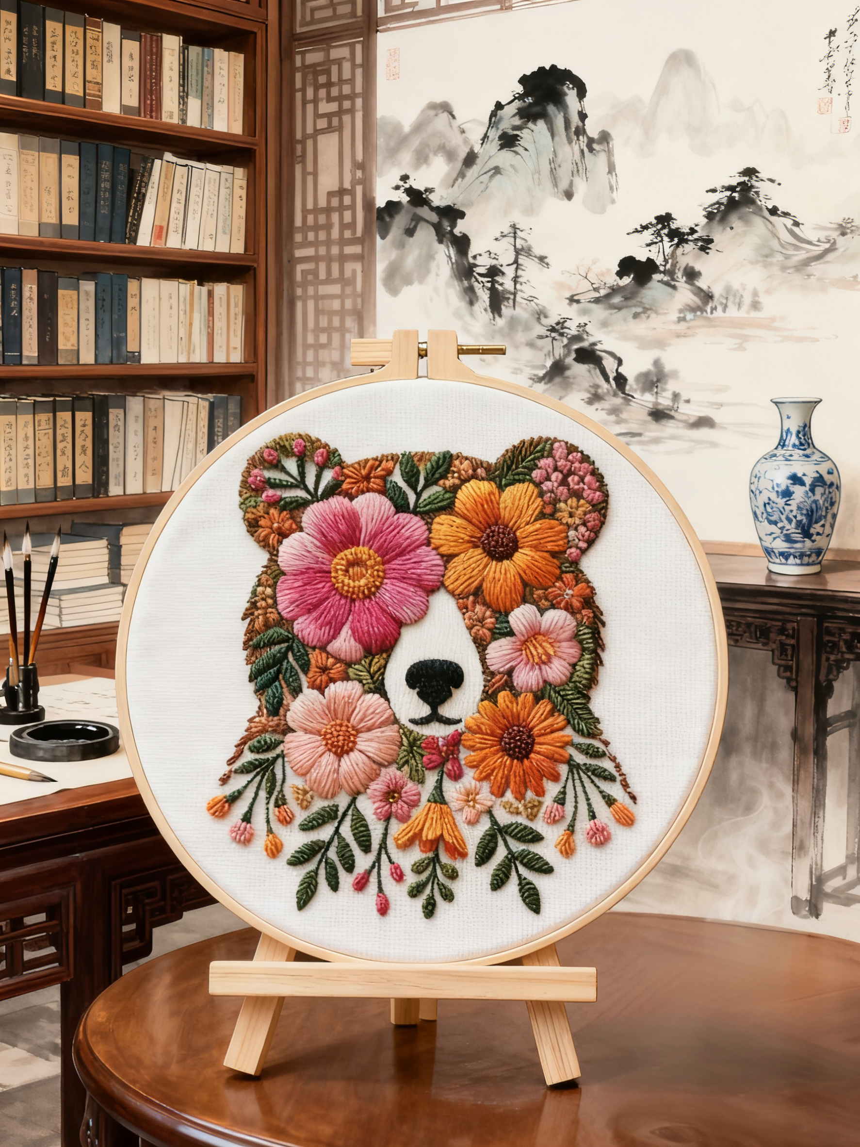 Floral Bear – Borduurset met bloemenbeer en warme kleuren