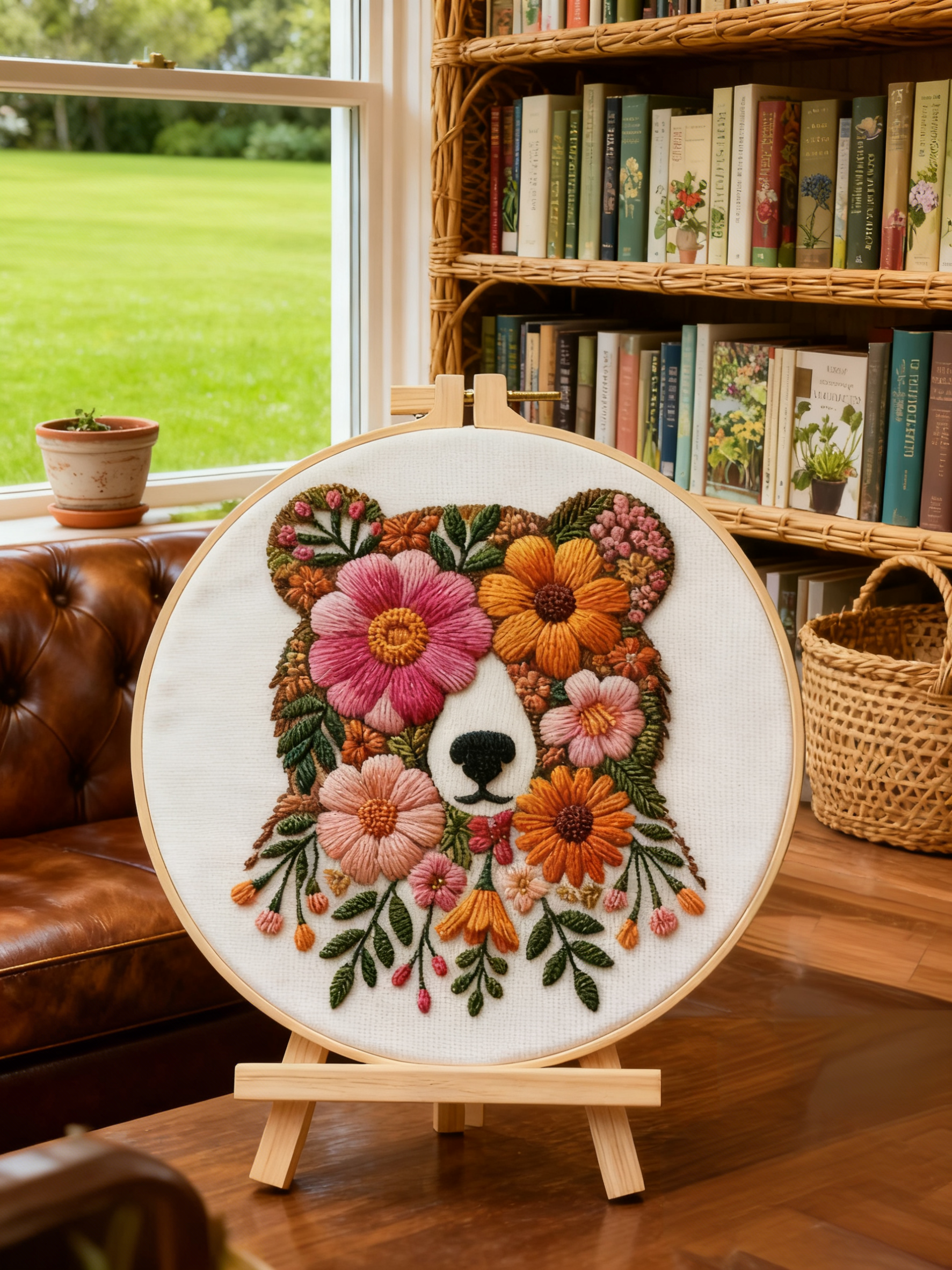 Floral Bear – Borduurset met bloemenbeer en warme kleuren