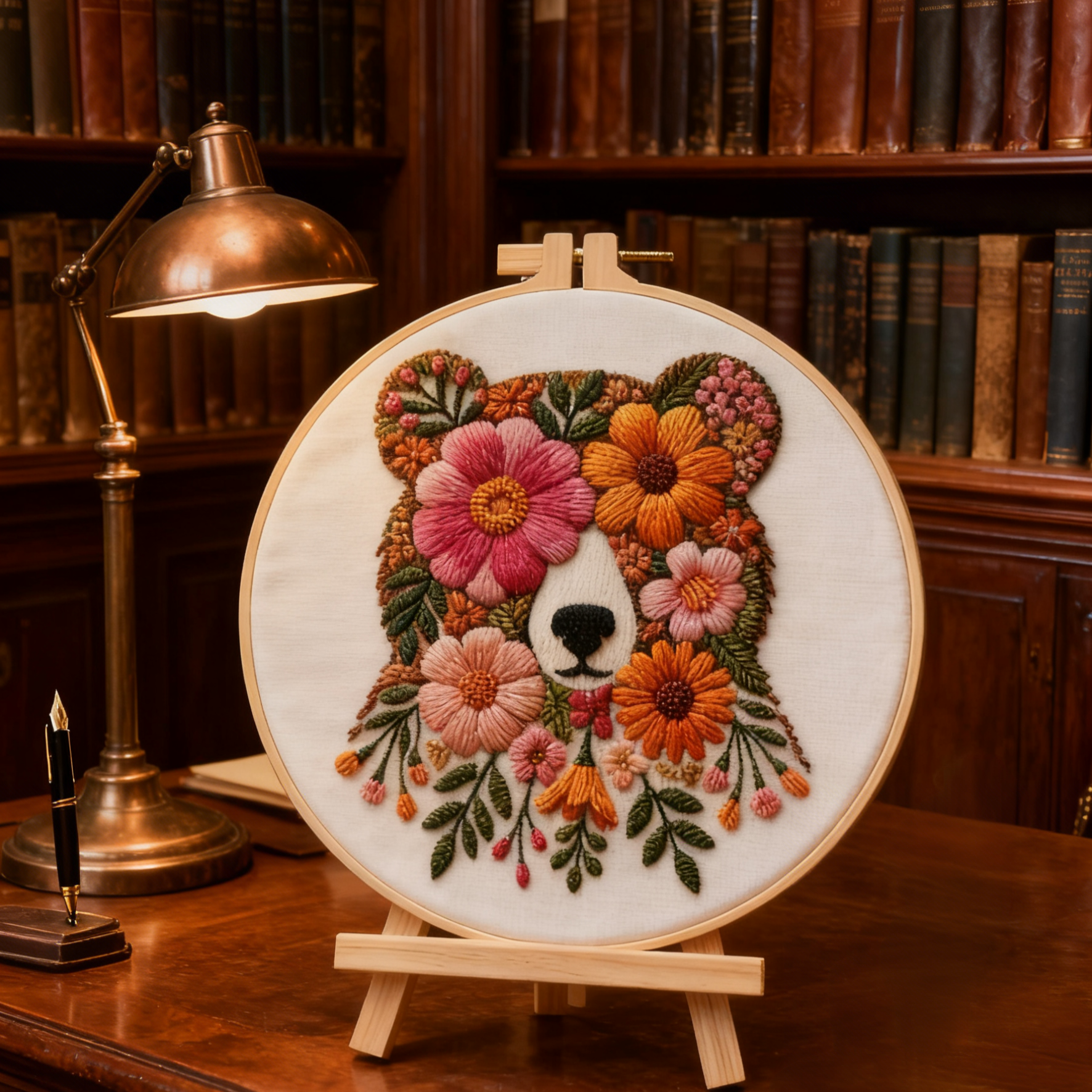 Floral Bear – Borduurset met bloemenbeer en warme kleuren