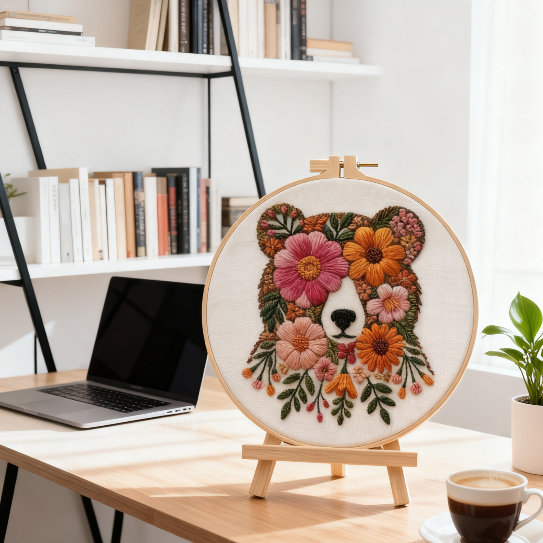 Floral Bear – Borduurset met bloemenbeer en warme kleuren