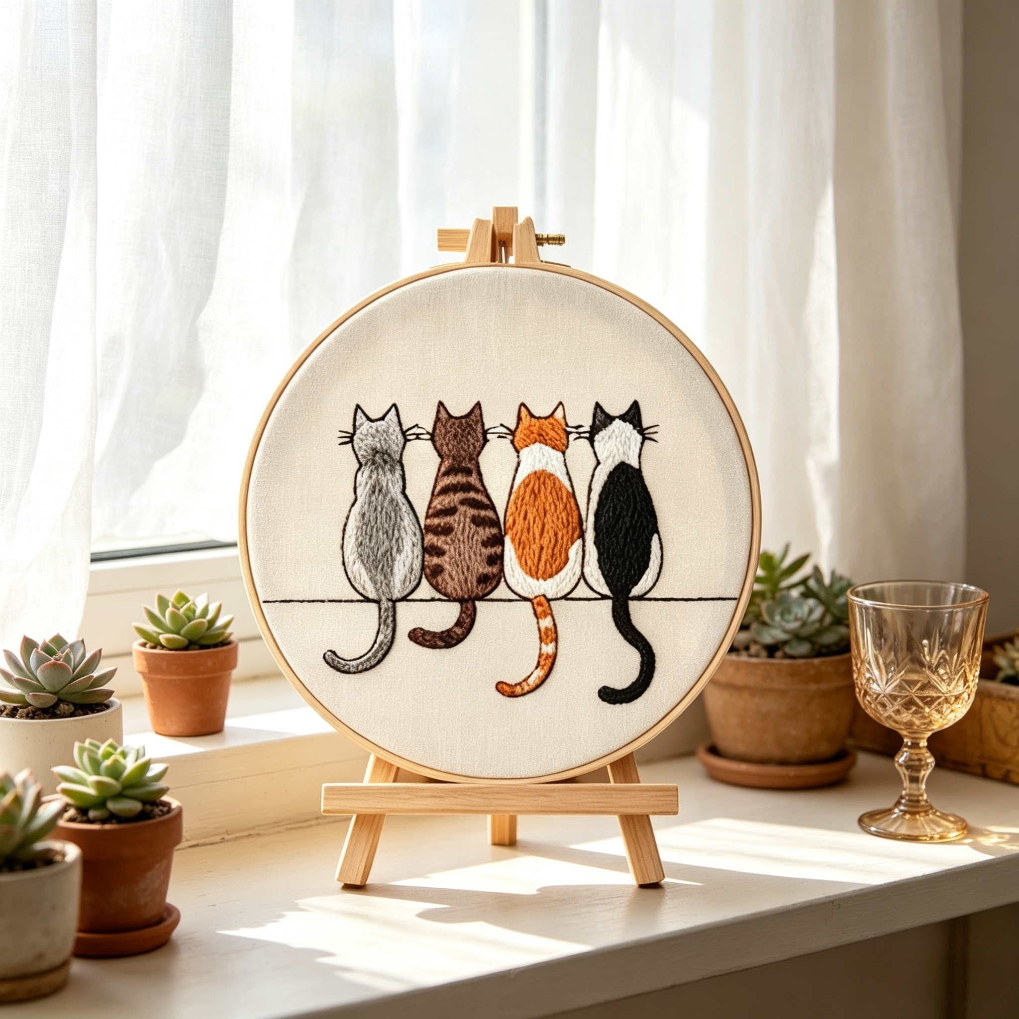 Purrfect Line – Borduurset met vier katten op een rij