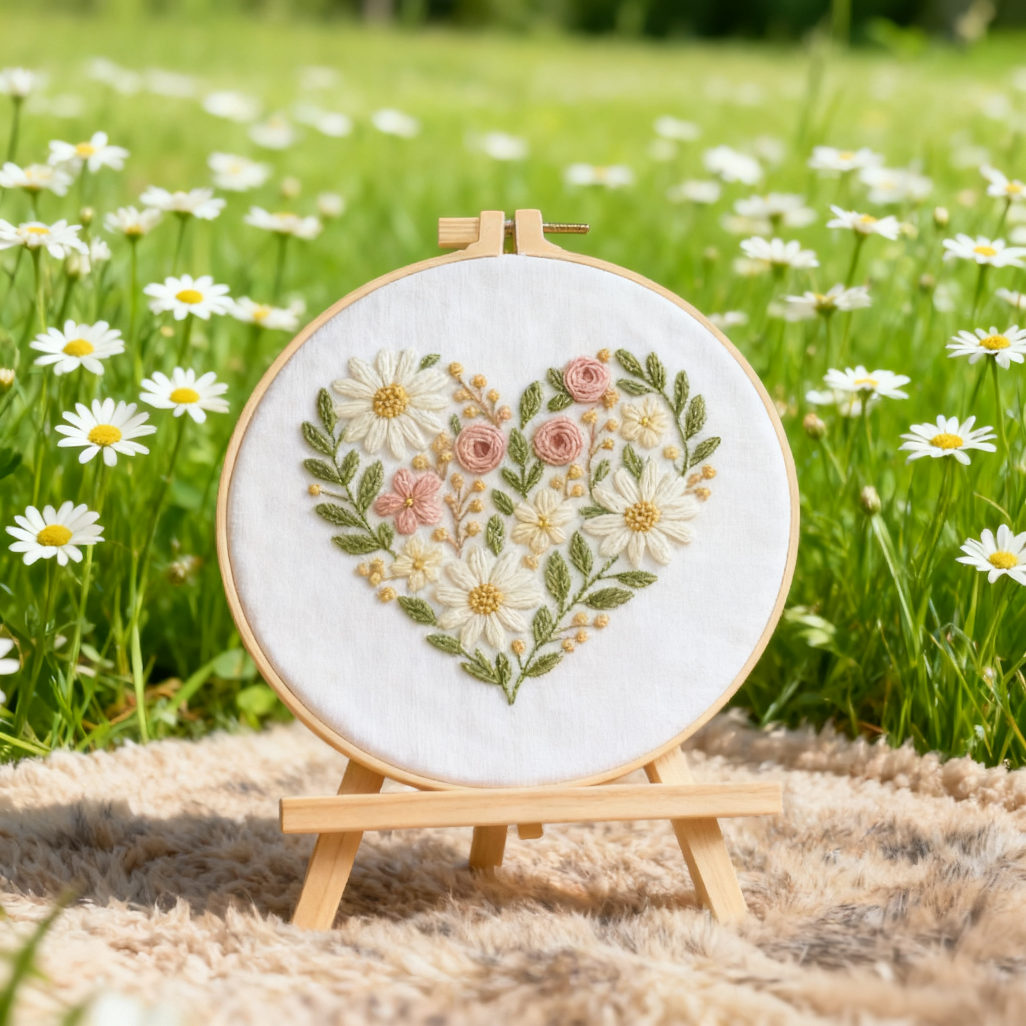 Floral Heart – Borduurset met margrieten en zachte roosjes