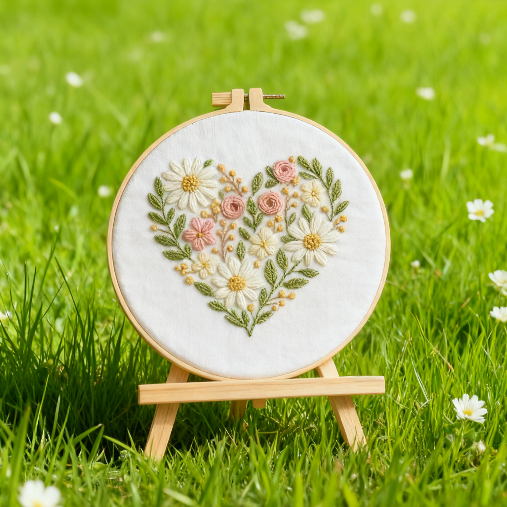 Floral Heart – Borduurset met margrieten en zachte roosjes