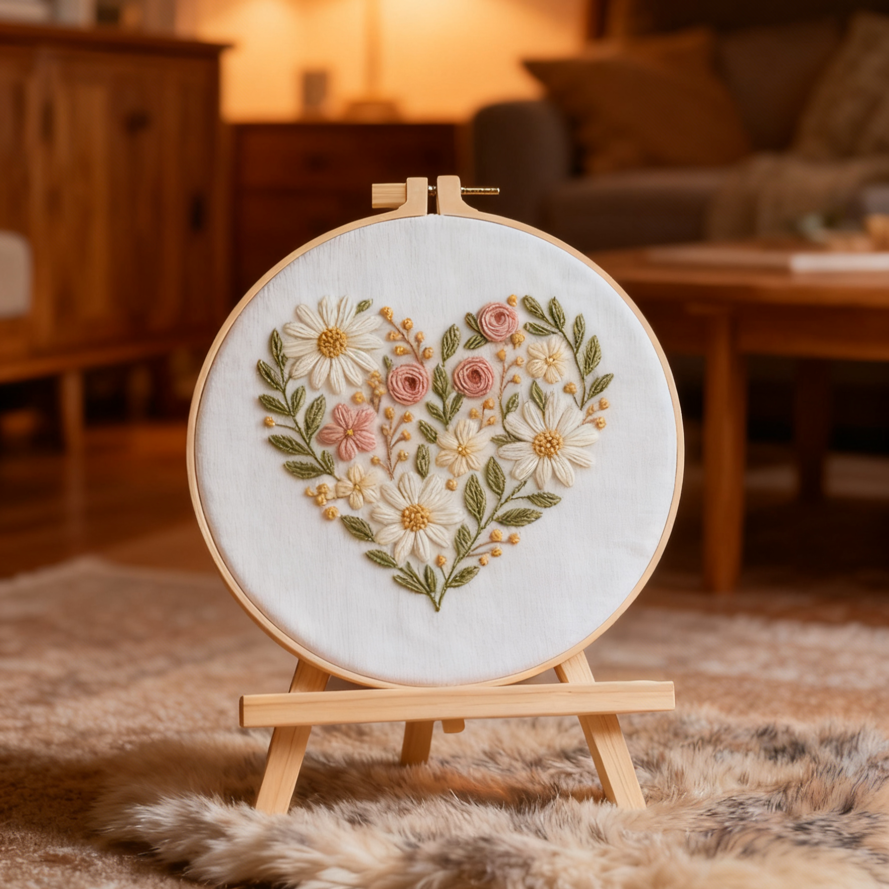 Floral Heart – Borduurset met margrieten en zachte roosjes