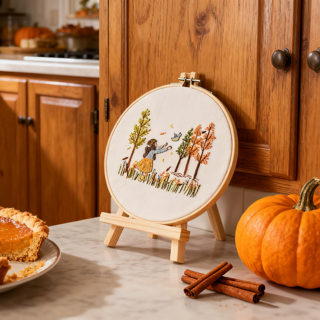 Balade d'automne – Kit de broderie avec une fille, un oiseau et des arbres d'automne