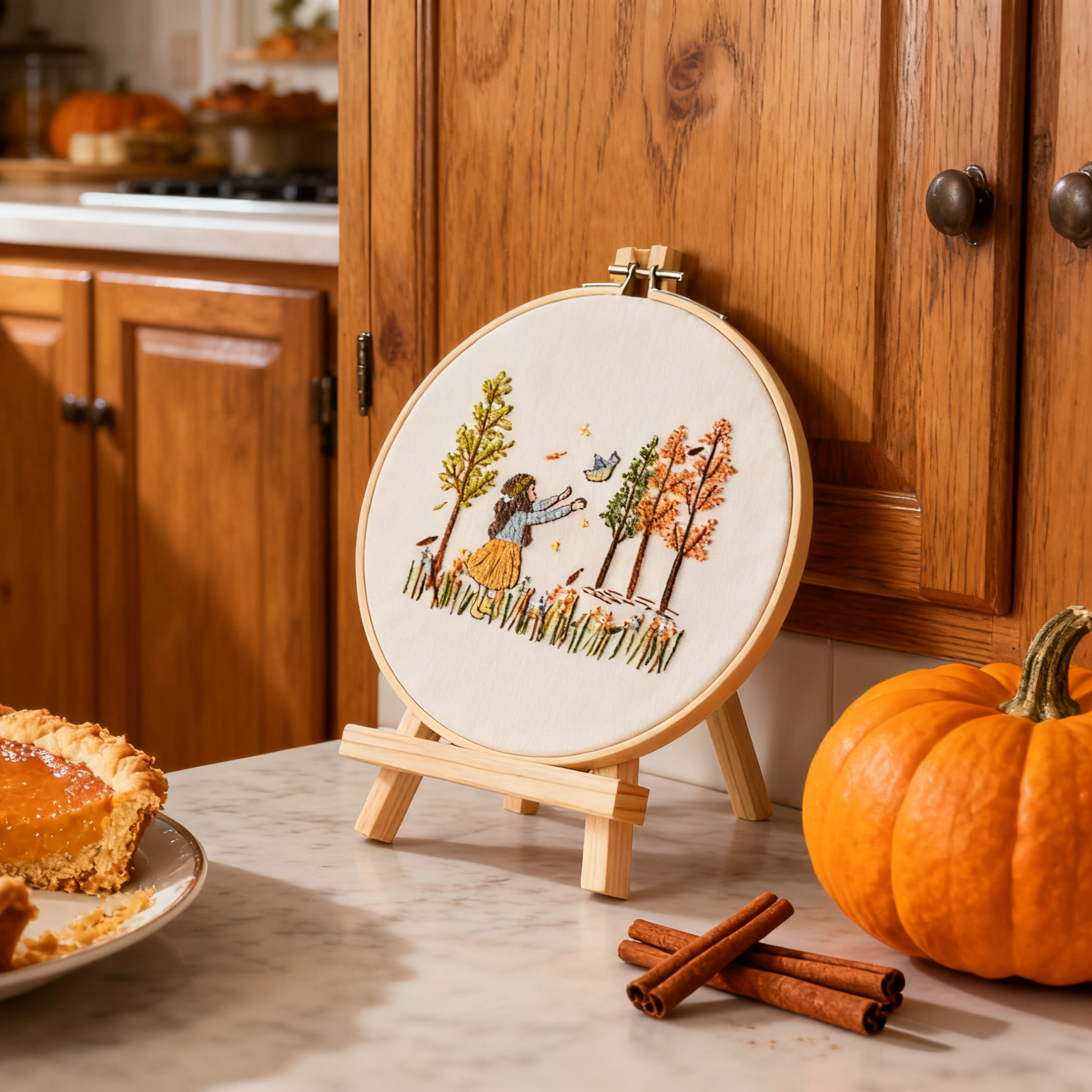 Autumn Wander – Borduurset met meisje, vogeltje en herfstbomen