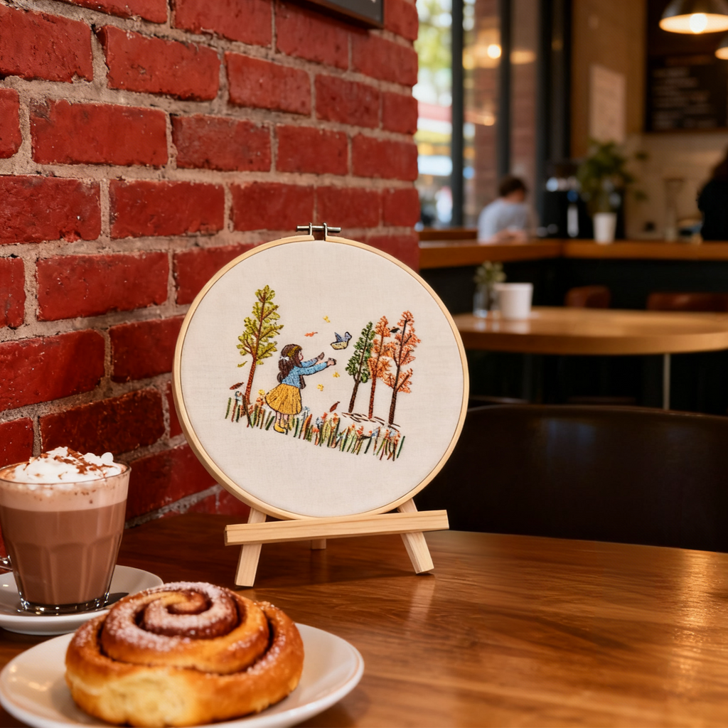 Balade d'automne – Kit de broderie avec une fille, un oiseau et des arbres d'automne