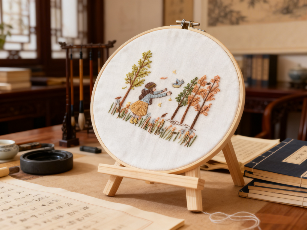 Balade d'automne – Kit de broderie avec une fille, un oiseau et des arbres d'automne