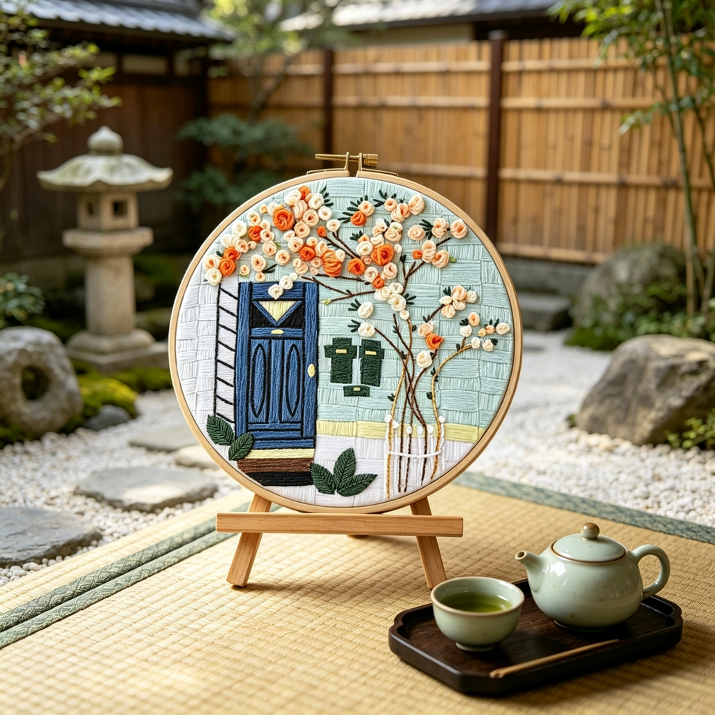 Blue Door Haven – Borduurset met blauwe voordeur en bloesembomen