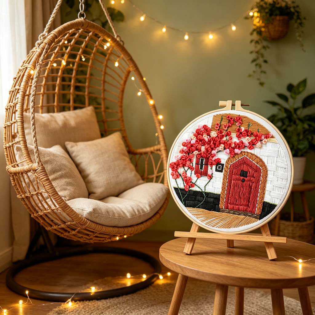 Scarlet Door – Borduurset met rode deur en bloesemboom