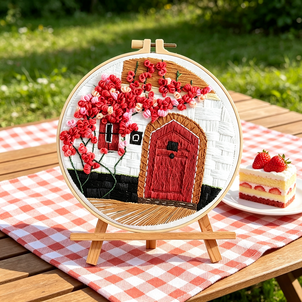 Scarlet Door – Borduurset met rode deur en bloesemboom