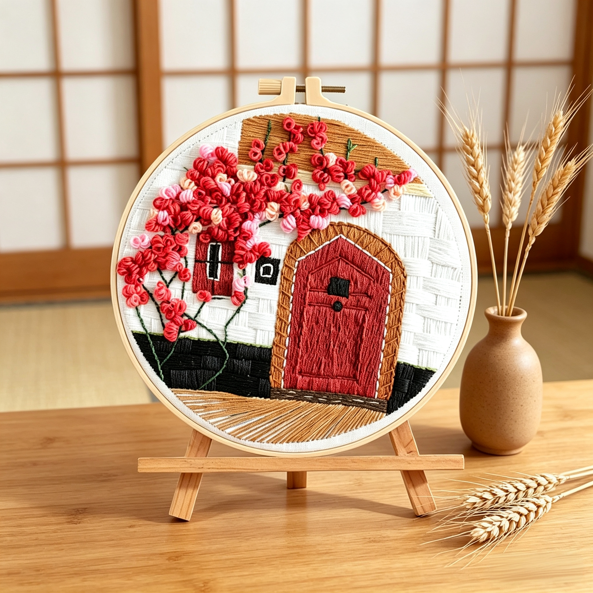 Scarlet Door – Borduurset met rode deur en bloesemboom