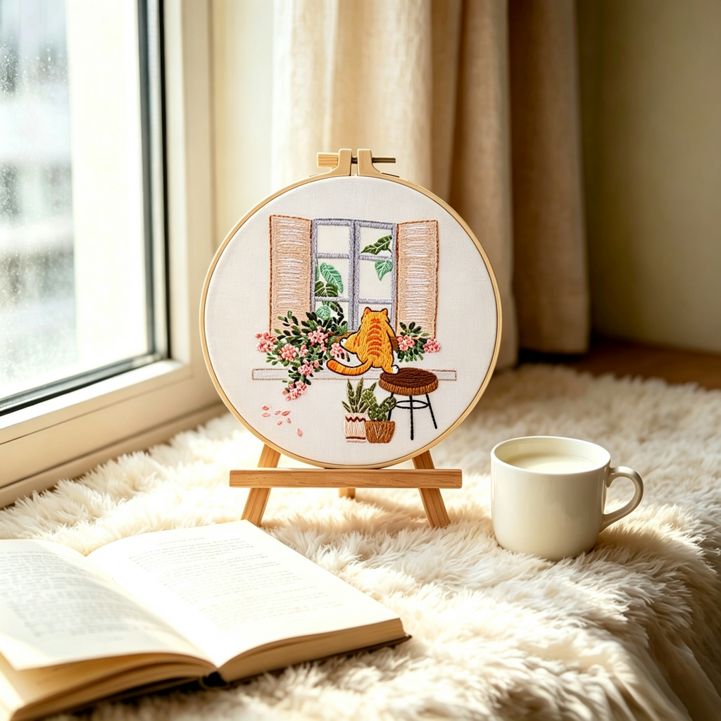 Mischief at the Window – Borduurset met kat bij open raam