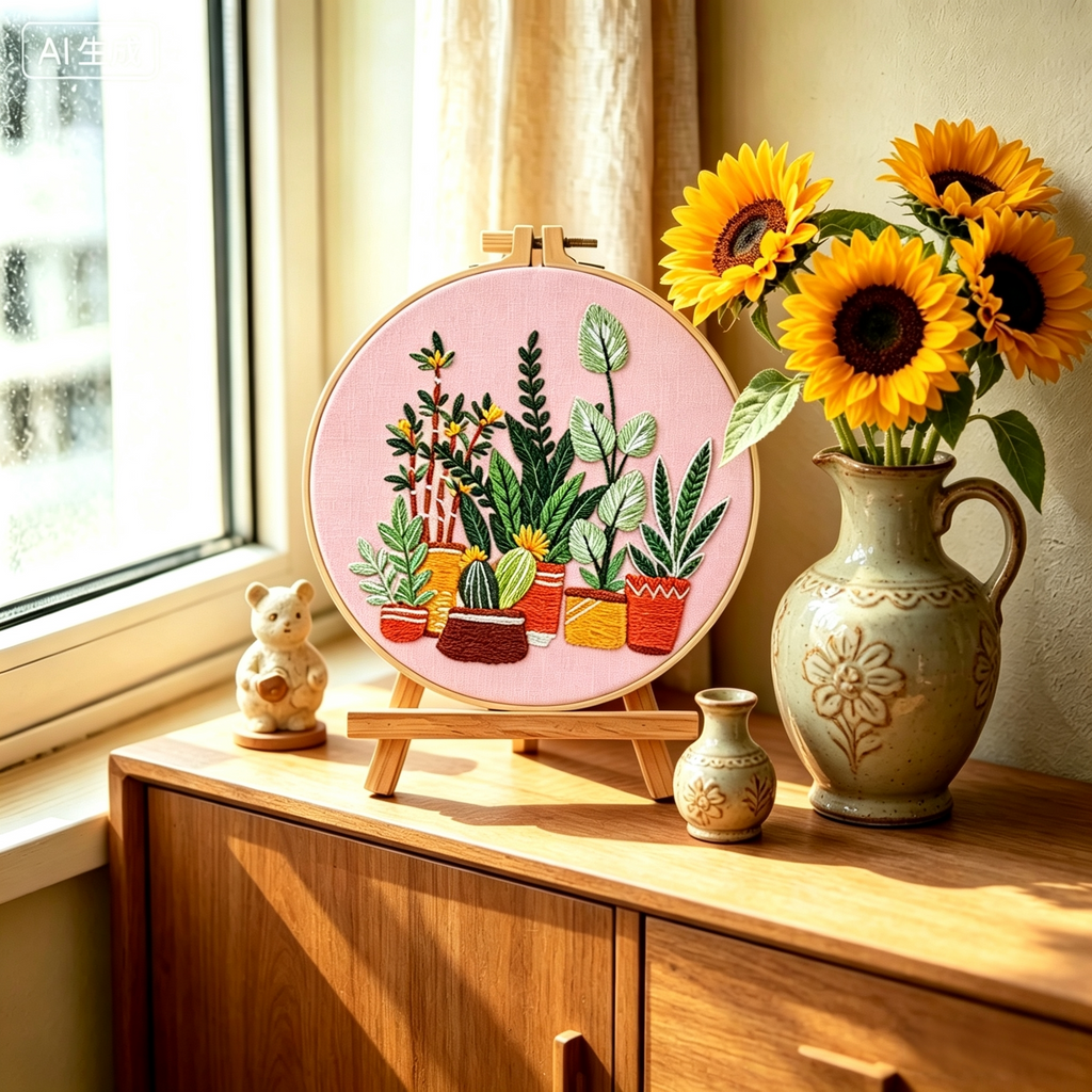 Urban Jungle – Borduurset met kamerplanten op roze achtergrond